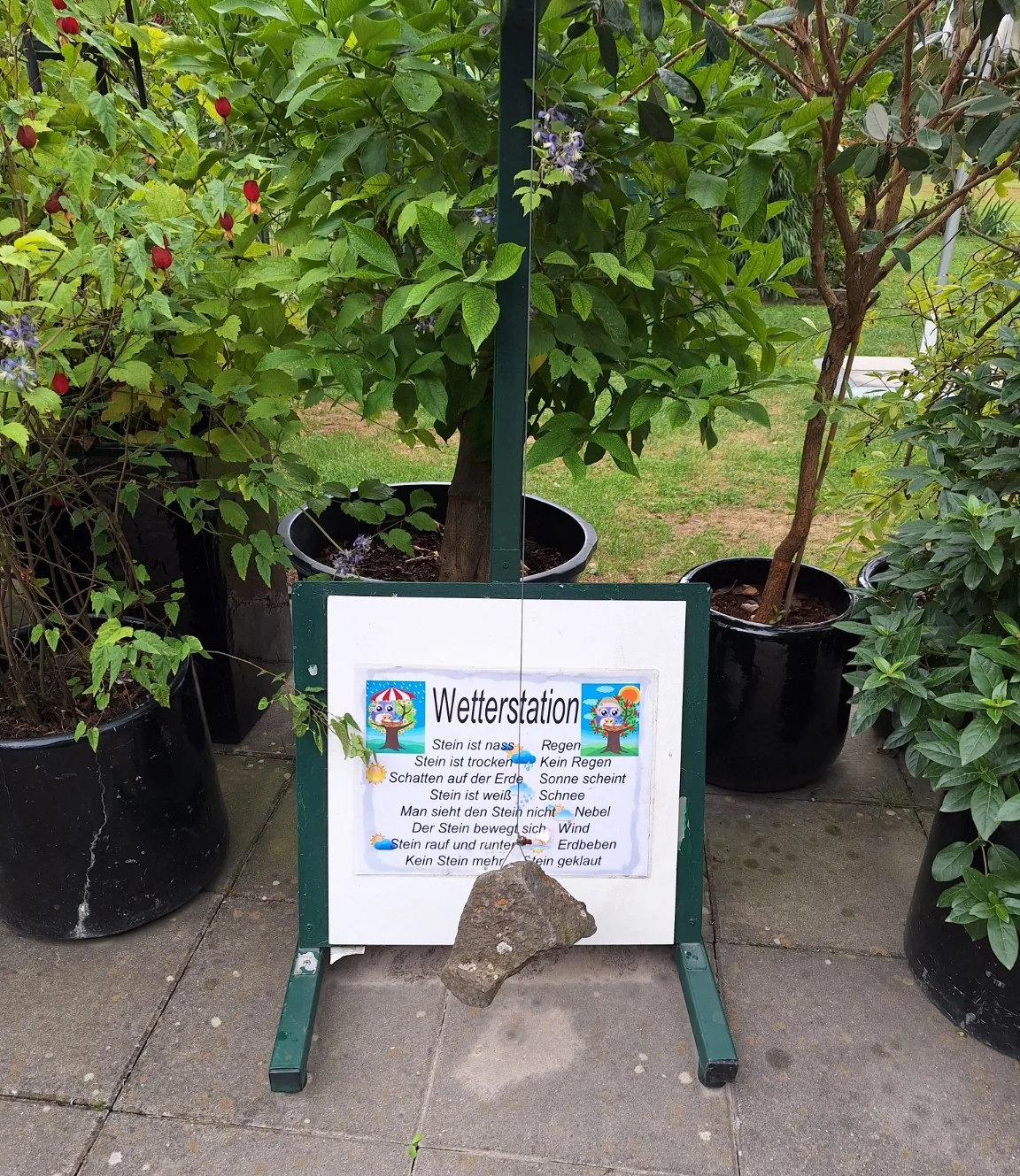 Humorvolle Wetterstation mit einem Stein am Forsthaus Weiden